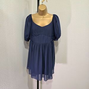 Puff Sleeve Babydoll Dress Womens Lge Blue Lined Cottagecore Fairygoth Smocked